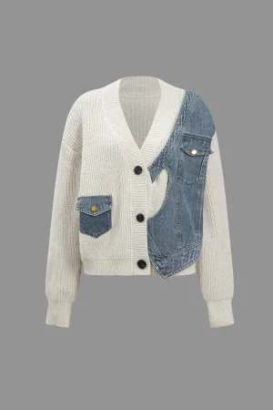 Patchwork Denim Knit Color Block Button Asymmetrical Pocket Cardigan>MICAS Fashion