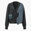 Patchwork Denim Knit Color Block Button Asymmetrical Pocket Cardigan>MICAS Fashion