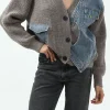 Patchwork Denim Knit Color Block Button Asymmetrical Pocket Cardigan>MICAS Fashion