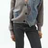 Patchwork Denim Knit Color Block Button Asymmetrical Pocket Cardigan>MICAS Fashion