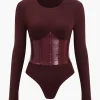 Patchwork Faux Leather Long Sleeve Bodysuit>MICAS Best