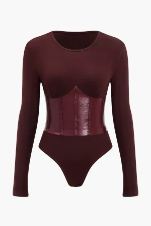 Patchwork Faux Leather Long Sleeve Bodysuit>MICAS Best