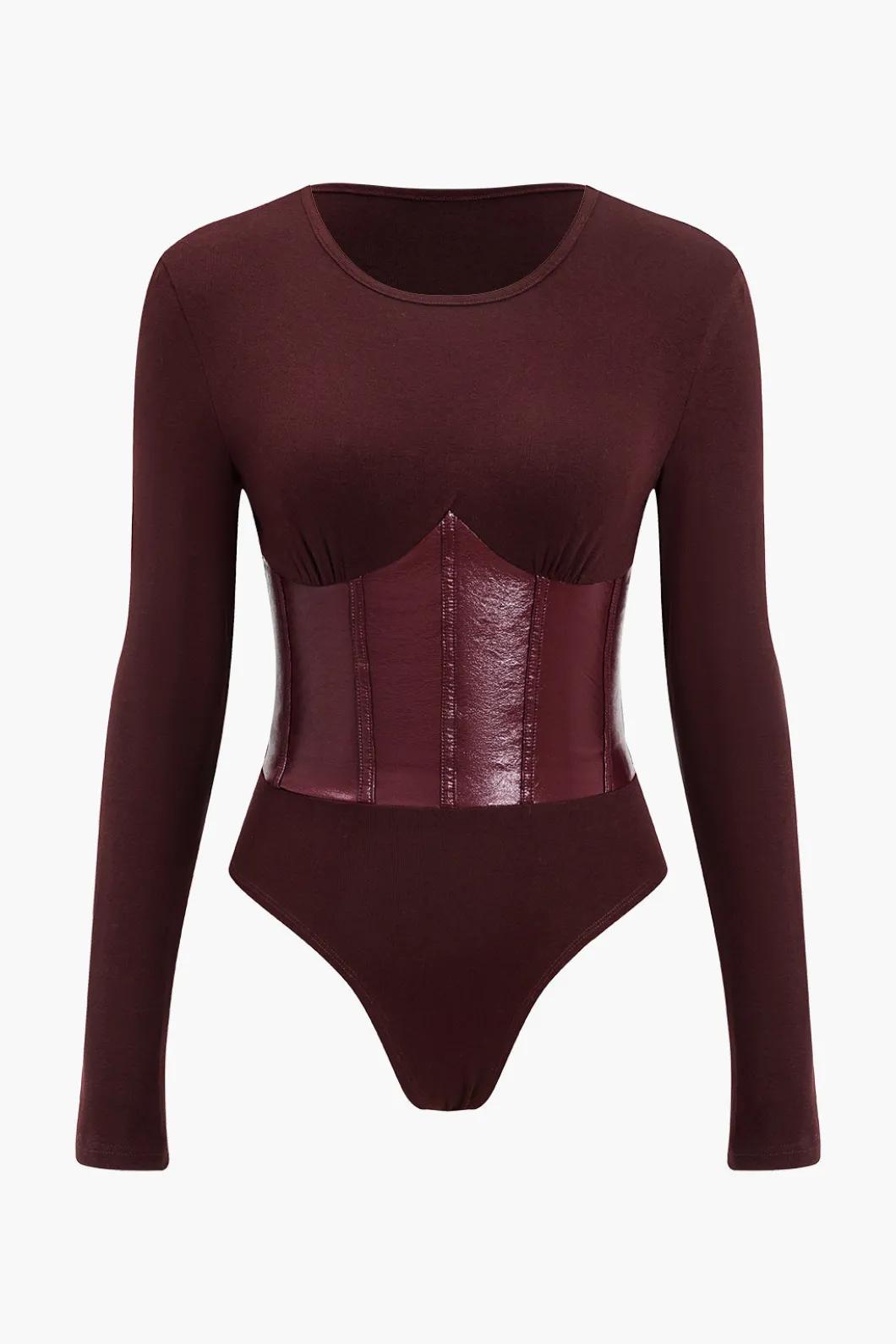Patchwork Faux Leather Long Sleeve Bodysuit>MICAS Best