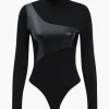 Patchwork Faux Leather Long Sleeve Bodysuit>MICAS Sale