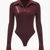 Patchwork Long Sleeve Faux Leather Bodysuit>MICAS Online