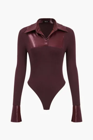Patchwork Long Sleeve Faux Leather Bodysuit>MICAS Online