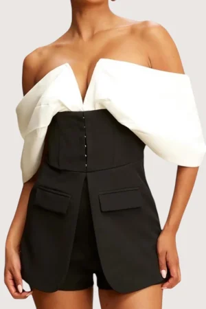 Patchwork Off Shoulder V-Shaped Romper>MICAS Sale