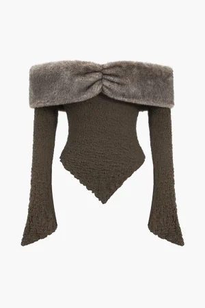 Patchwork Off-Shoulder Long-Sleeve Top>MICAS Fashion