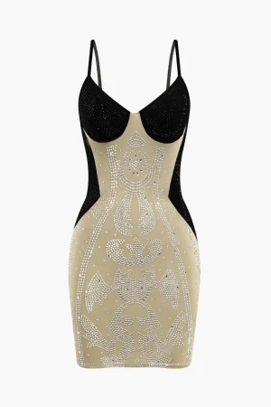 Patchwork Rhinestone Spaghetti Strap Sleeveless Mini Dress>MICAS Outlet