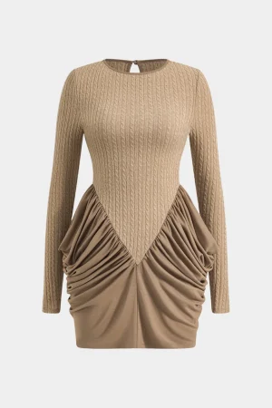 Patchwork Ruched Round Neck Long Sleeve Mini Dress>MICAS New