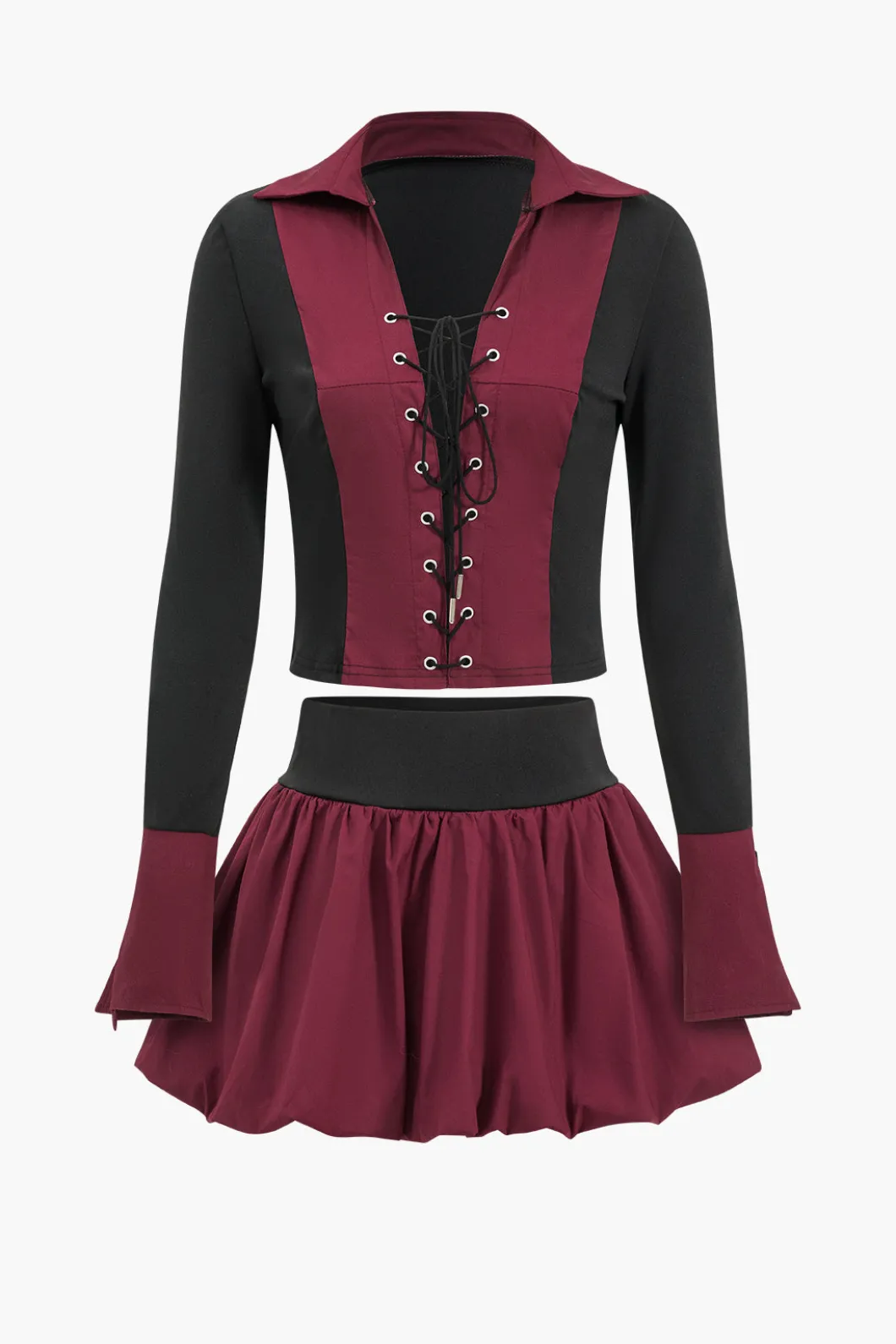 Patchwork Tie Up Top And Puff Skirt Set>MICAS Discount