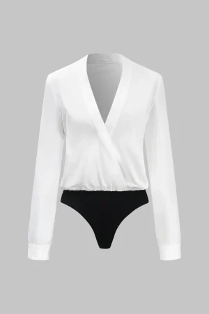 Patchwork V-Neck Long Sleeve Bodysuit>MICAS New