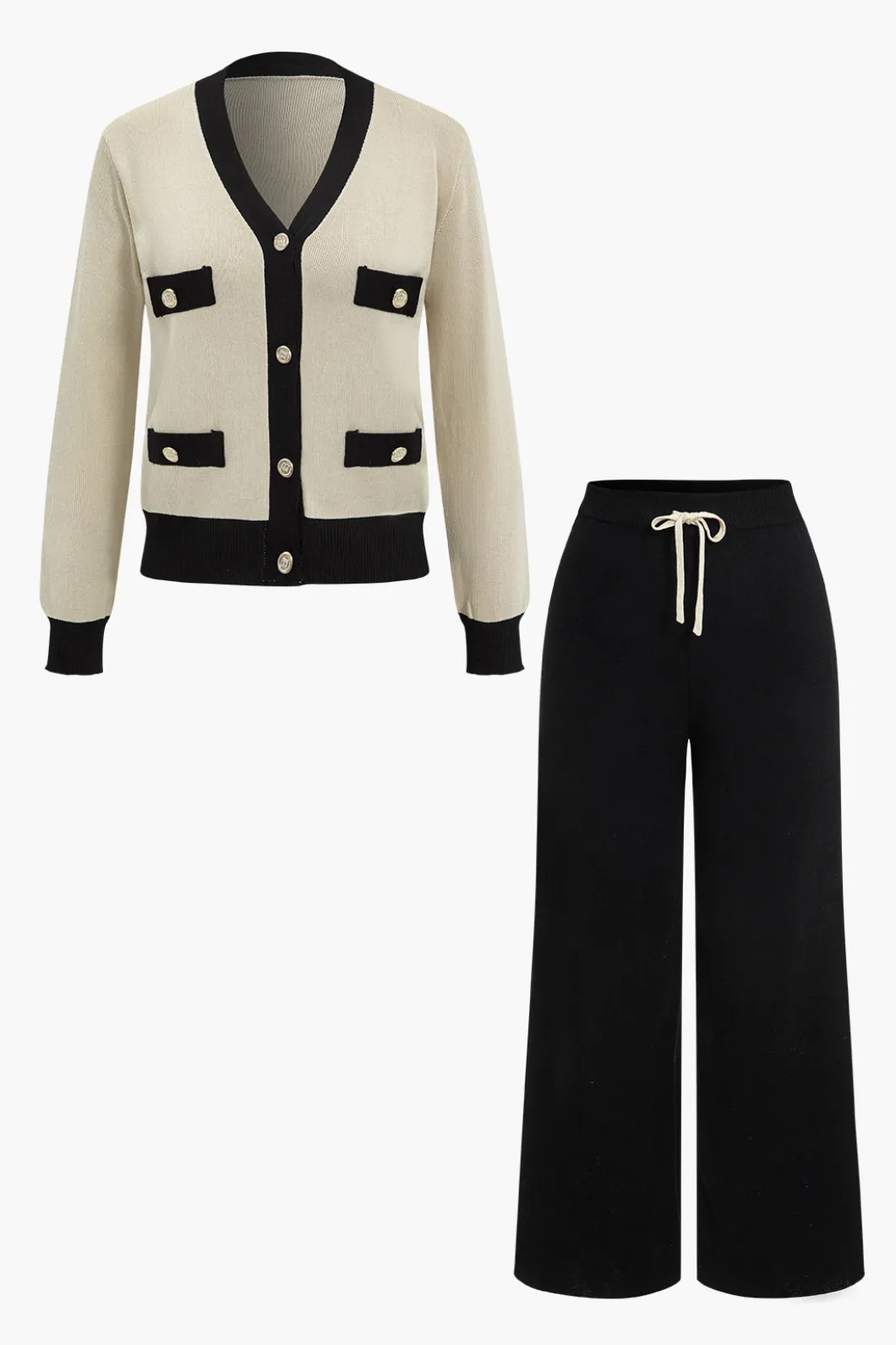 Patchwork V-Neck Sweater Cardigan And Pants Set>MICAS Clearance