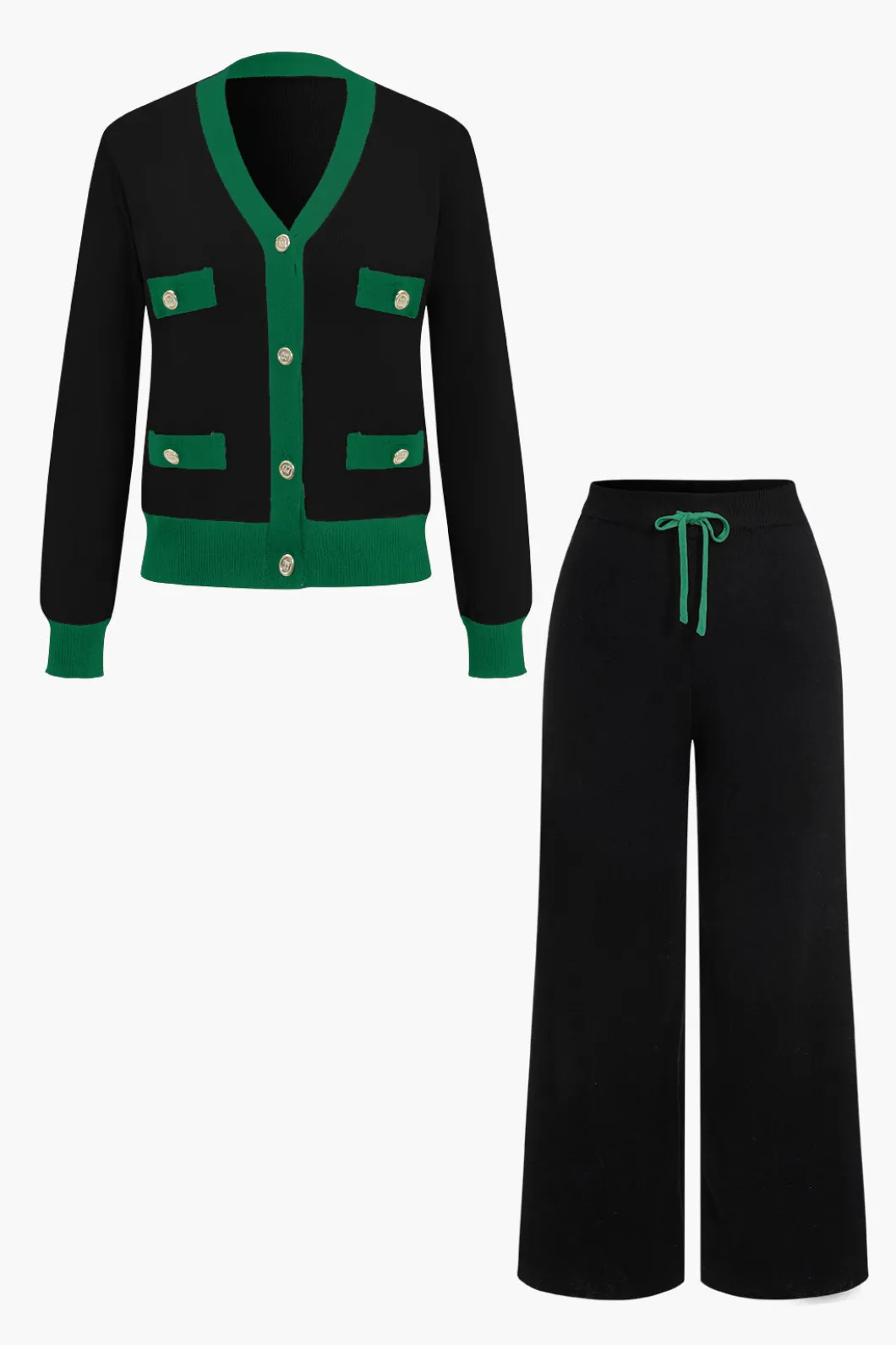 Patchwork V-Neck Sweater Cardigan And Pants Set>MICAS Clearance