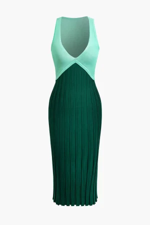 Patchwork V-Neck Tank Knit Midi Dress>MICAS Fashion