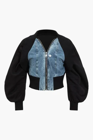 Patchwork Zipper Denim Outerwear Jacket>MICAS Fashion