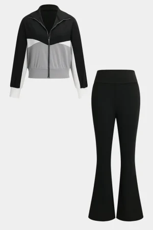 Patchwork Zipper Jacket And Flared Leg Trousers Set>MICAS Best