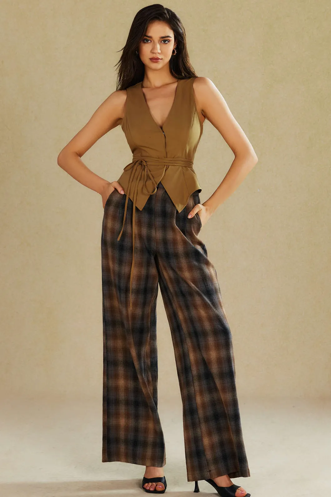 Plaid Print Wide Leg Trousers>MICAS Best
