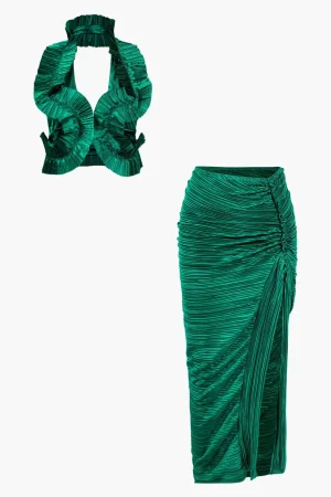 Pleated Halter Backless Top And Split Midi Skirt Set>MICAS Fashion