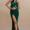 Pleated Halter Backless Top And Split Midi Skirt Set>MICAS Fashion