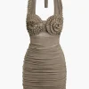 Pleated Mesh Halter Mini Dress>MICAS Fashion