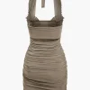 Pleated Mesh Halter Mini Dress>MICAS Fashion