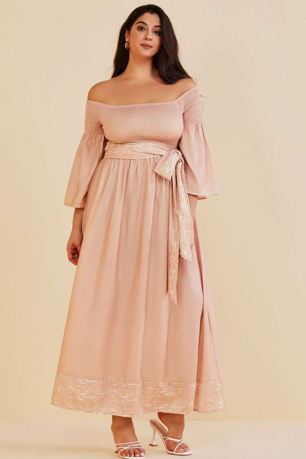 Plus Size Off Shoulder Smocked Maxi Dress With Belt>MICAS Best