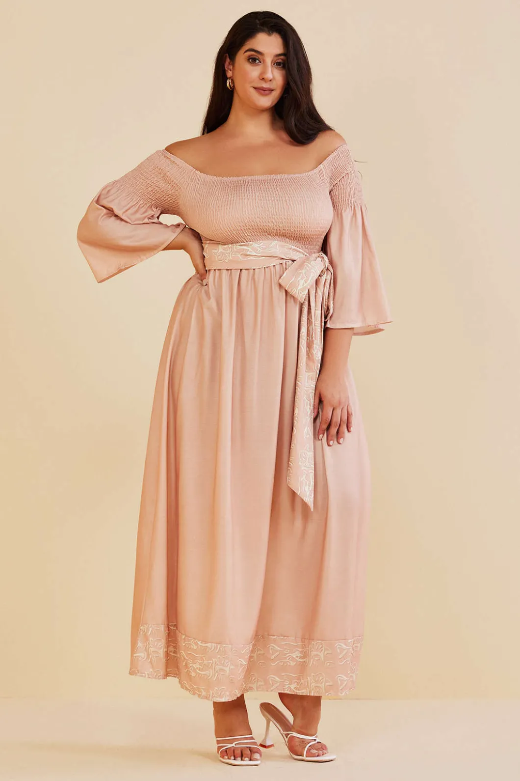 Plus Size Off Shoulder Smocked Maxi Dress With Belt>MICAS Best