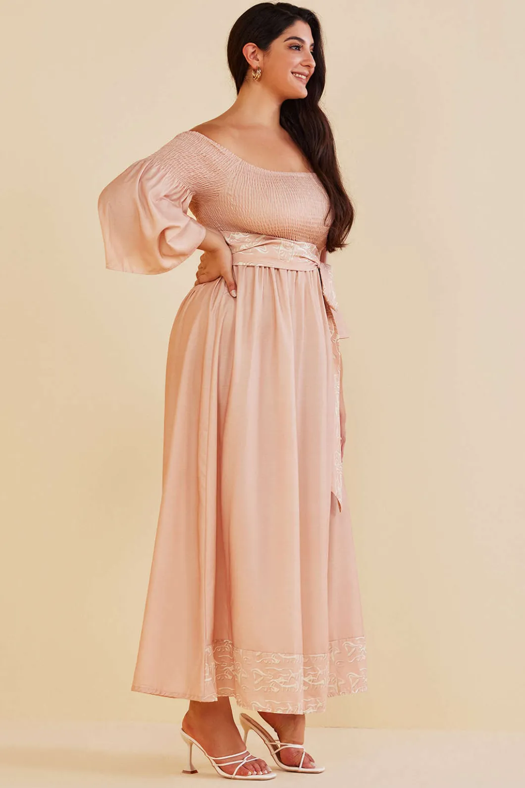 Plus Size Off Shoulder Smocked Maxi Dress With Belt>MICAS Best