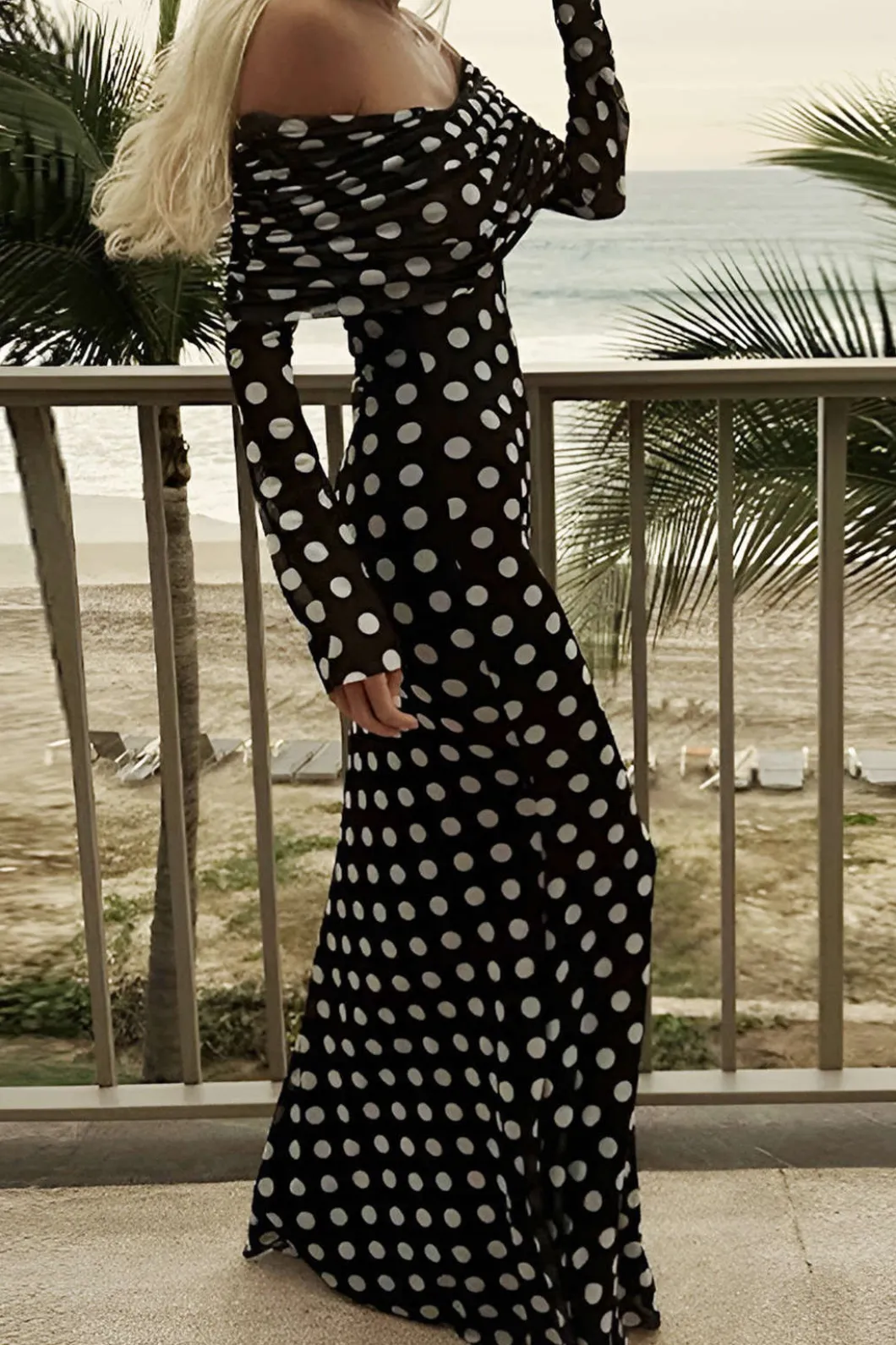 Polka Dot Print Off Shoulder Maxi Dress>MICAS Online