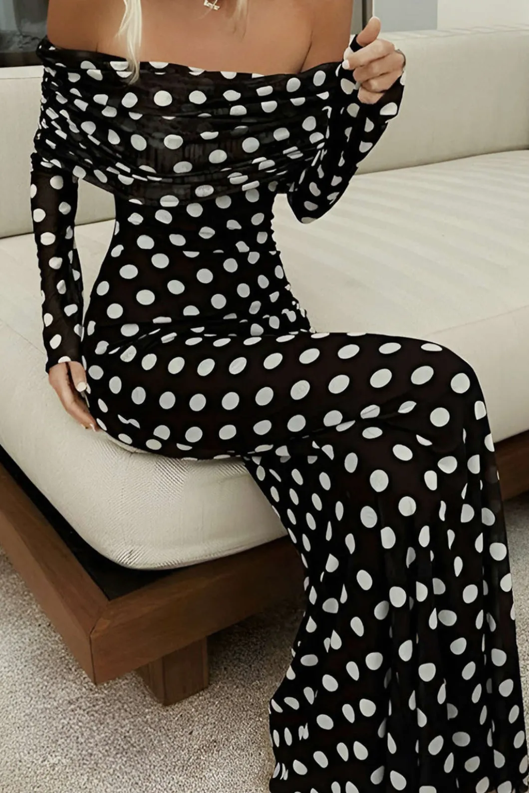 Polka Dot Print Off Shoulder Maxi Dress>MICAS Online
