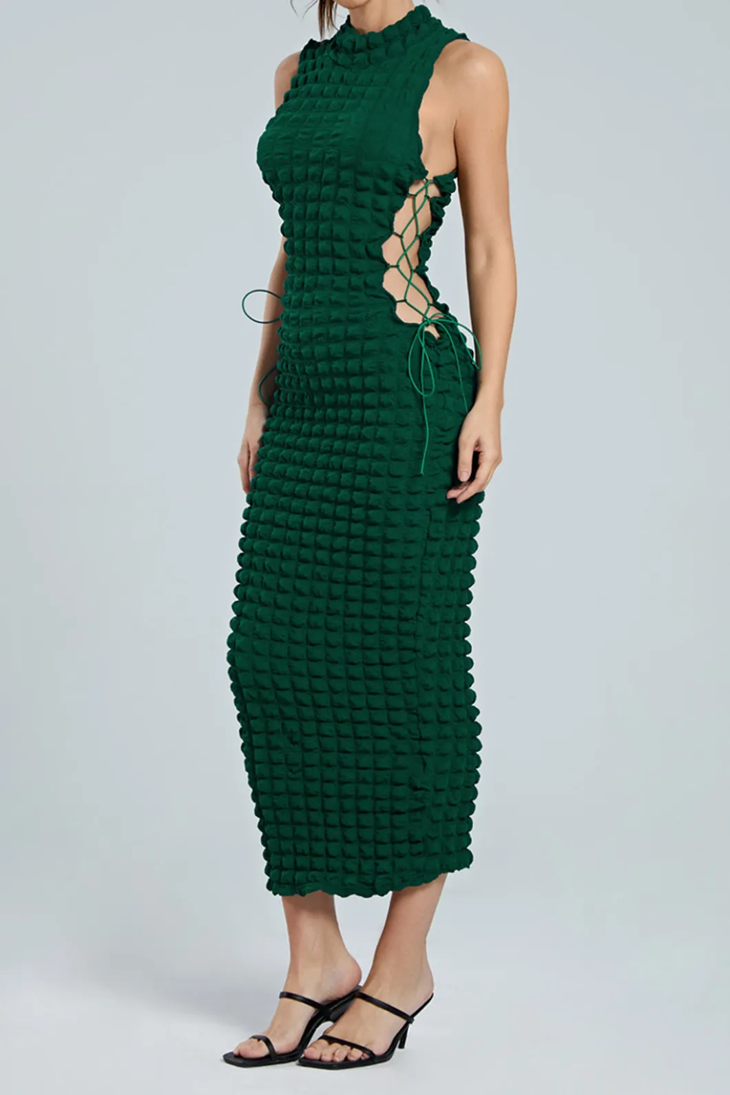 Popcorn Textured Tie Side Sleeveless Maxi Dress>MICAS Fashion