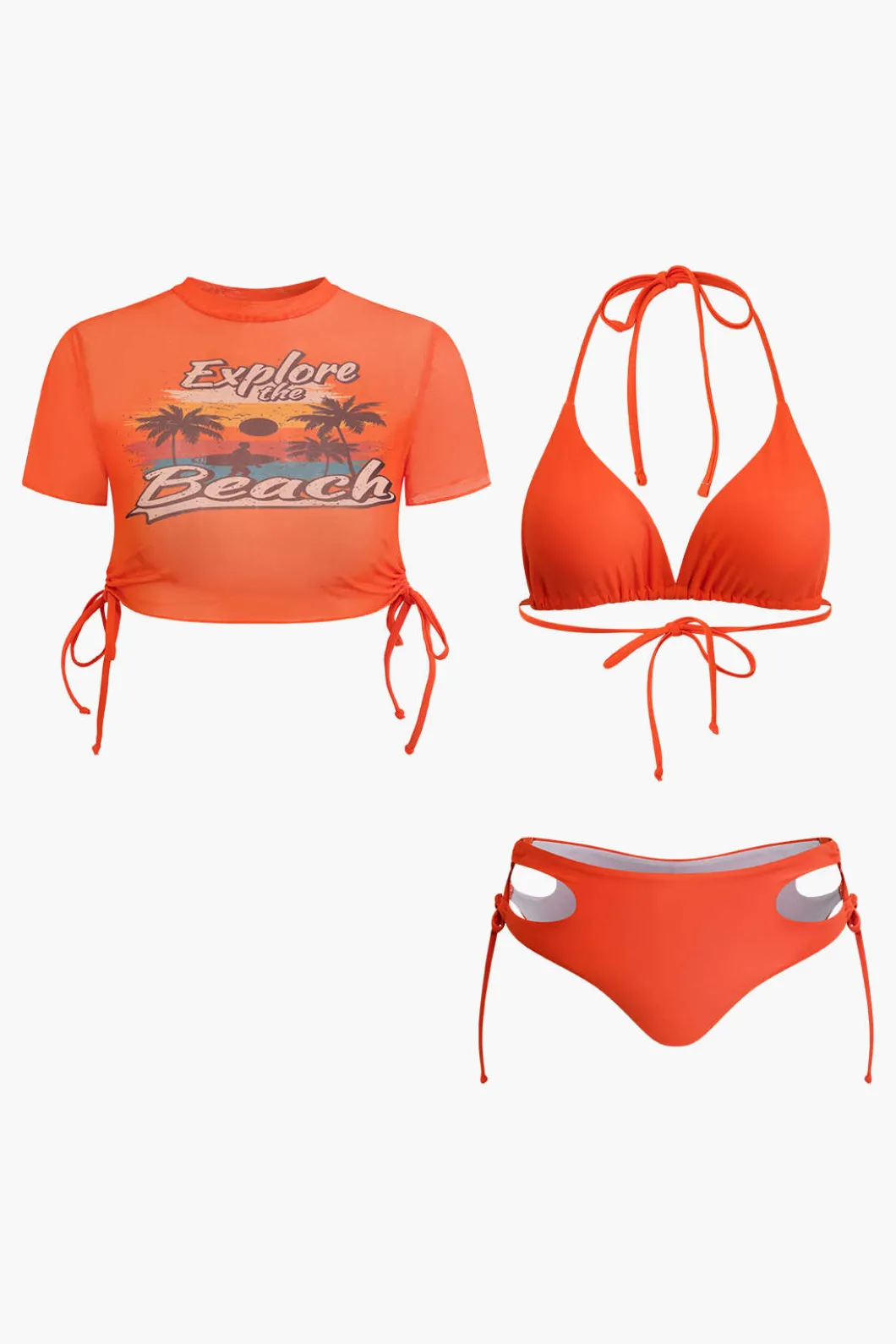Print T-shirt And Tie Halter Bikini Set>MICAS Online