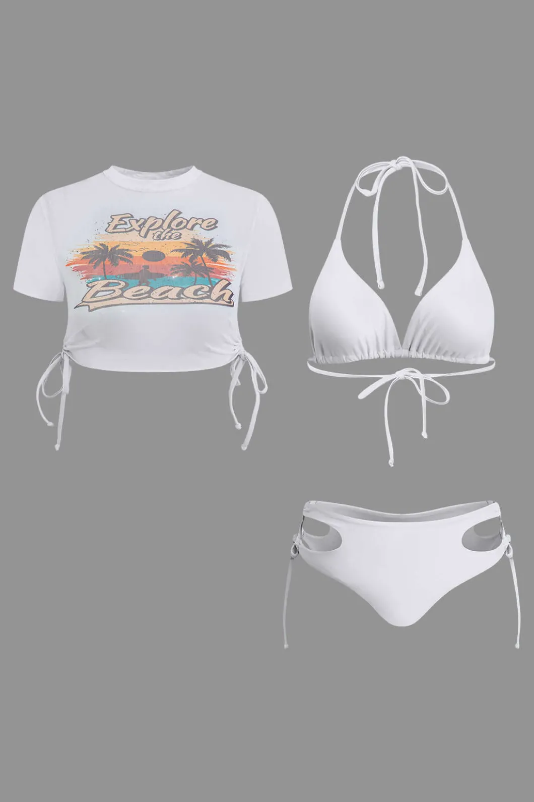 Print T-shirt And Tie Halter Bikini Set>MICAS Online