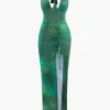 Printed Halter Corset Drawstring Slit Midi Dress>MICAS Hot