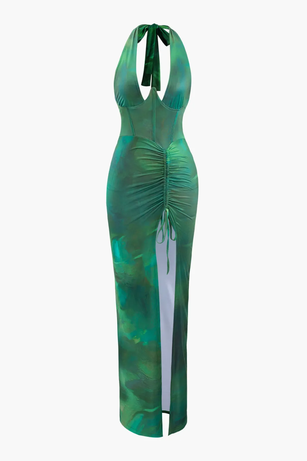 Printed Halter Corset Drawstring Slit Midi Dress>MICAS Hot