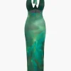 Printed Halter Corset Drawstring Slit Midi Dress>MICAS Hot