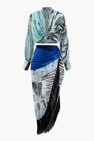 Printed Lantern Sleeve Twist Hem Shirt And Asymmetric Fringe Skirt Set>MICAS Fashion