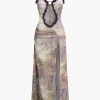 Printed Ruffle Cut Out Mesh Slit Slip Maxi Dress>MICAS Best