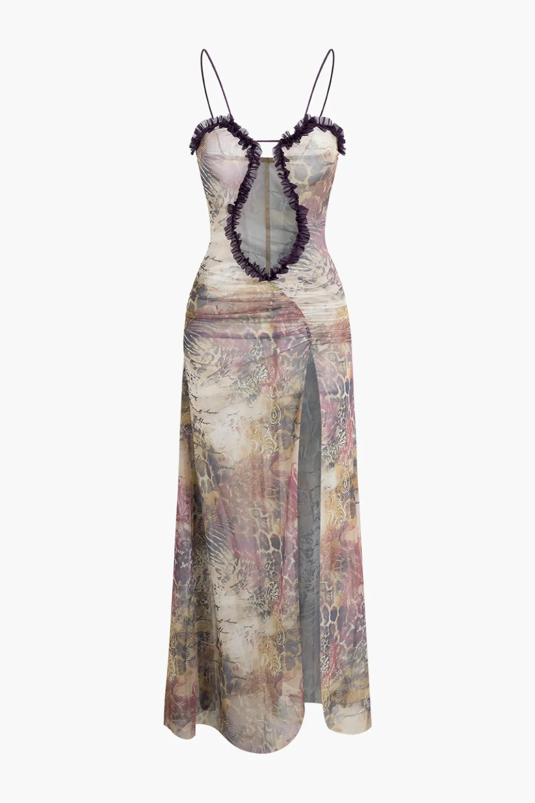 Printed Ruffle Cut Out Mesh Slit Slip Maxi Dress>MICAS Best