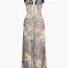 Printed Ruffle Cut Out Mesh Slit Slip Maxi Dress>MICAS Best