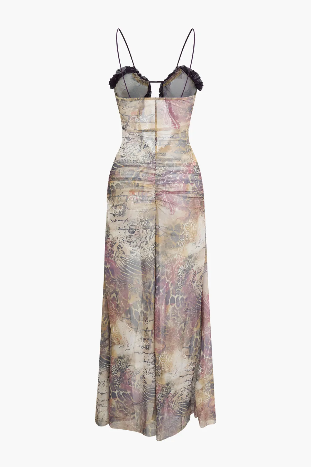 Printed Ruffle Cut Out Mesh Slit Slip Maxi Dress>MICAS Best