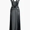 Printed Ruffle Cut Out Mesh Slit Slip Maxi Dress>MICAS Best