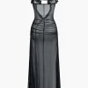 Printed Ruffle Cut Out Mesh Slit Slip Maxi Dress>MICAS Best