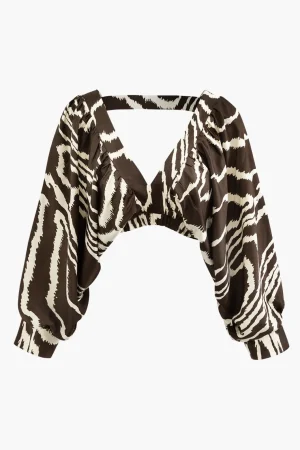 Printed V-neck Back Cut Out Crop Blouse>MICAS Discount