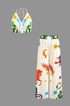 Printed V-Neck Halter Backless Crop Top and Wide Leg Pants Set>MICAS Hot