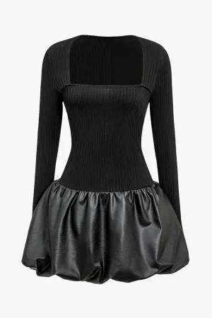 PU Patchwork Ruched Square Neck Mini Dress>MICAS Hot