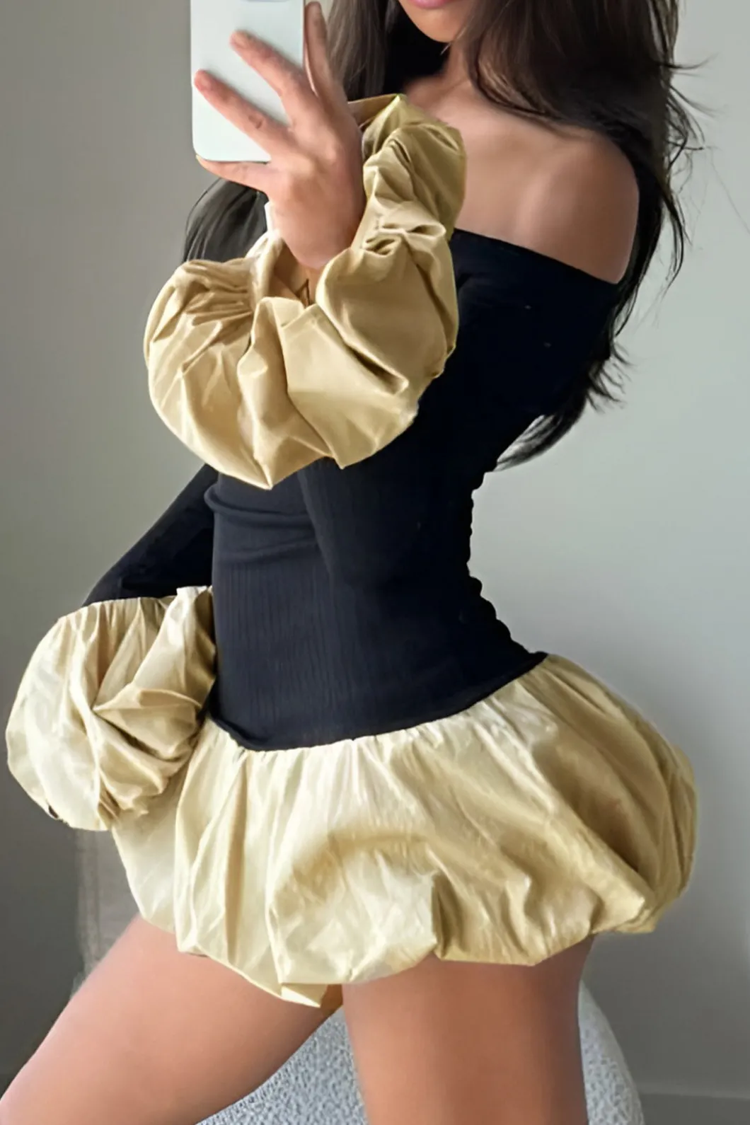 Puff Sleeve Patchwork Long Sleeve Mini Dress>MICAS Outlet