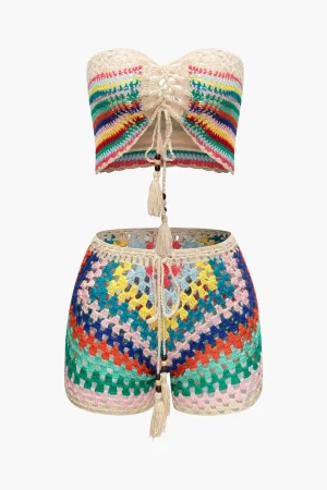 Rainbow Crochet Tie Front Tube Top And Shorts Set>MICAS Hot