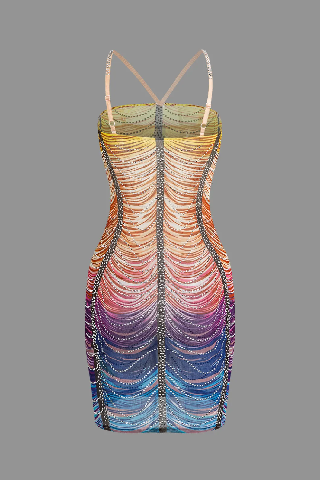 Rainbow Striped Rhinestone Bodycon Mini Dress>MICAS Best